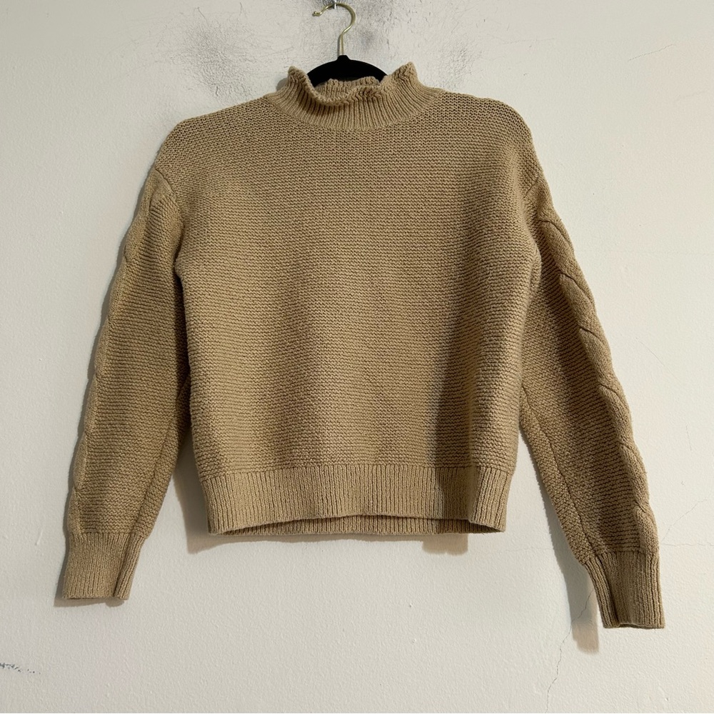 J. Crew Factory Mockneck Cable Sleeve Sweater Light Khaki Neutral Preppy Minimal